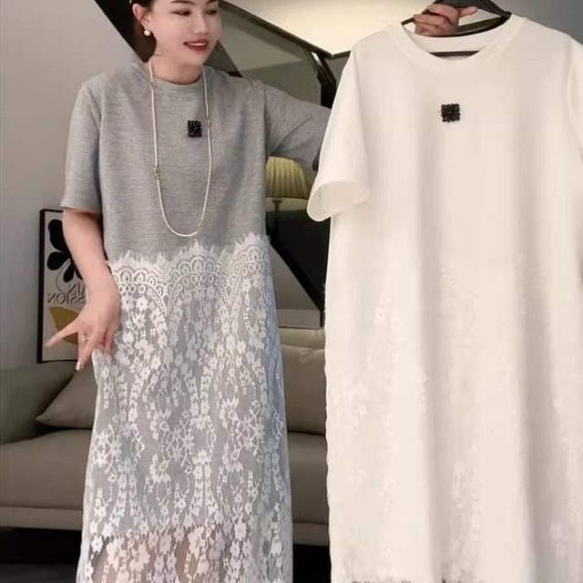 Style loose and versatile short-sleeved patchwork lace dress