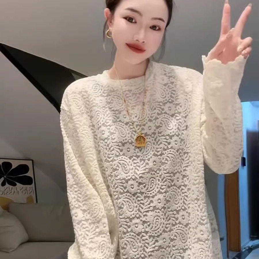 Женская осенне-зимняя свободная универсальная шифоновая рубашка большого размера micro fat MM с круглым вырезом и длинными рукавами, кружевной жаккардовый низ с разрезом, женская осенне-зимняя свободная универсальная шифоновая рубашка