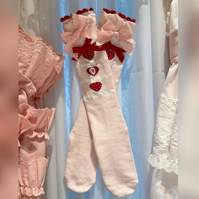 Soft Lolita Socks, Cute Japanese Jk Strawberry Socks, Sweet Girly Pink Bow Mid-Calf Socks