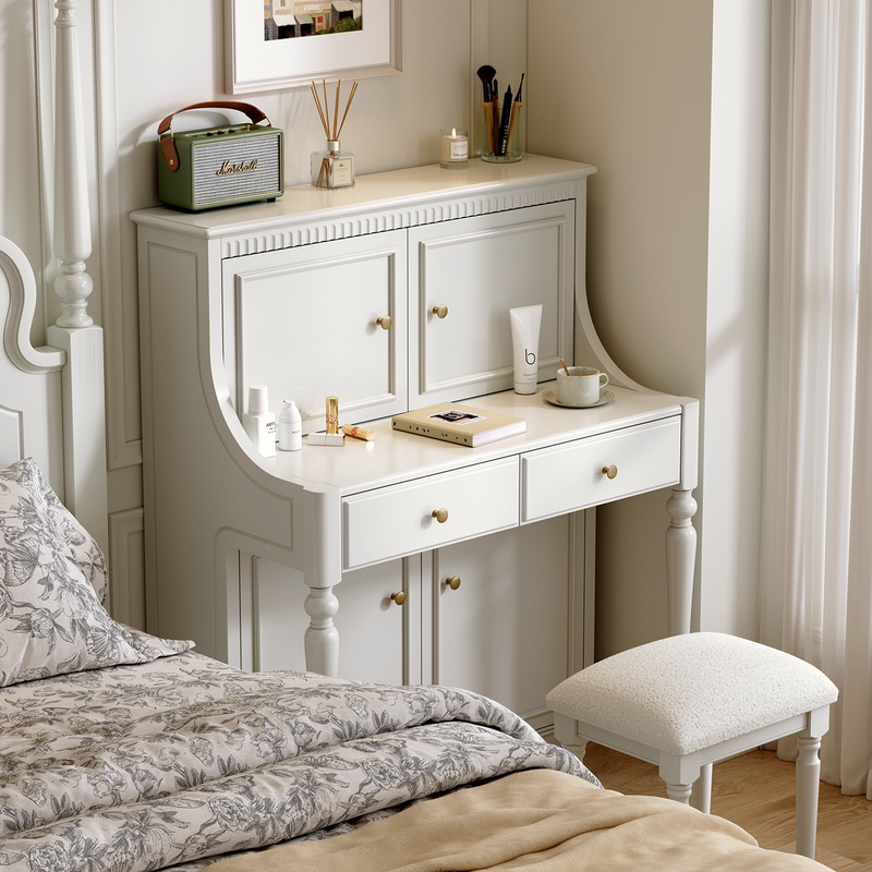 Miti French-Style Cream-Colored Solid Wood Piano Dressing Table, Master Bedroom Bedside Small Apartment White Makeup Table with a High-End Feel Miti French-Style Cream-Colored Solid Wood Piano Dressing Table, Master Bedroom Bedside Small Apartment White Makeup Table with a High-End Feel