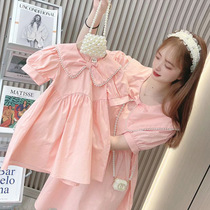 2023 new Korean style girls dress summer short-sleeved solid color parent-child outfit loose princess dress mother-child outfit trendy