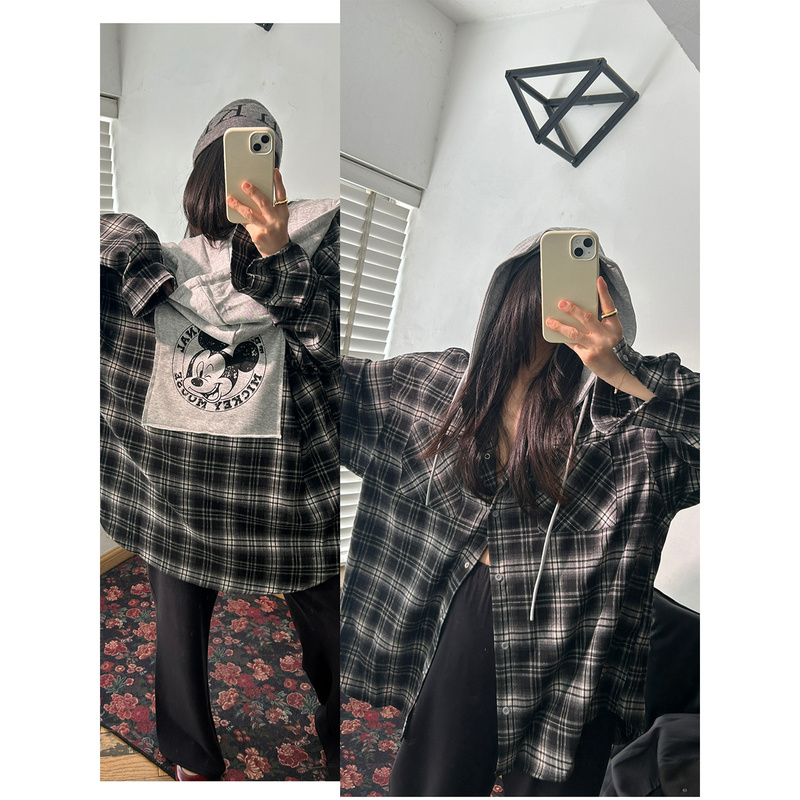 Guiguijia Authentic Korean Dongdaemun Lazy Style Back Patch Mickey Loose Plaid Hooded Shirt Jacket