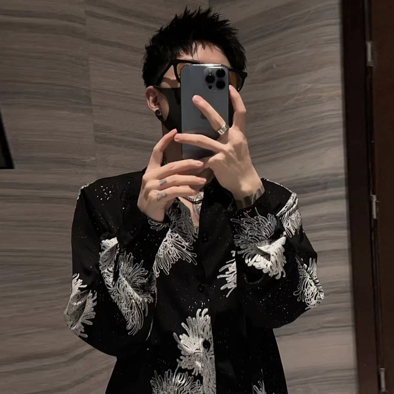 New Style Personalized Design Sequin Small Gold Dot Shoulder Pad Shirt Men's Long-Sleeved Trendy Retro Printed Starry Sky Shirt