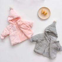 Winter childrens warm jacket solid color plus velvet quilted thickening baby hooded jacket baby warm sweater top