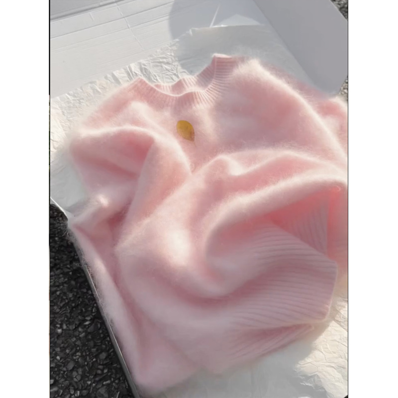 Light Pink Milky Cashmere Brushed ~ Round Neck Knit Top for Autumn and Winter, Lazy Style Wool Sweater Pullover, Solid Color Light Pink Milky Cashmere Brushed ~ Round Neck Knit Top for Autumn and Winter, Lazy Style Wool Sweater Pullover, Solid Color
