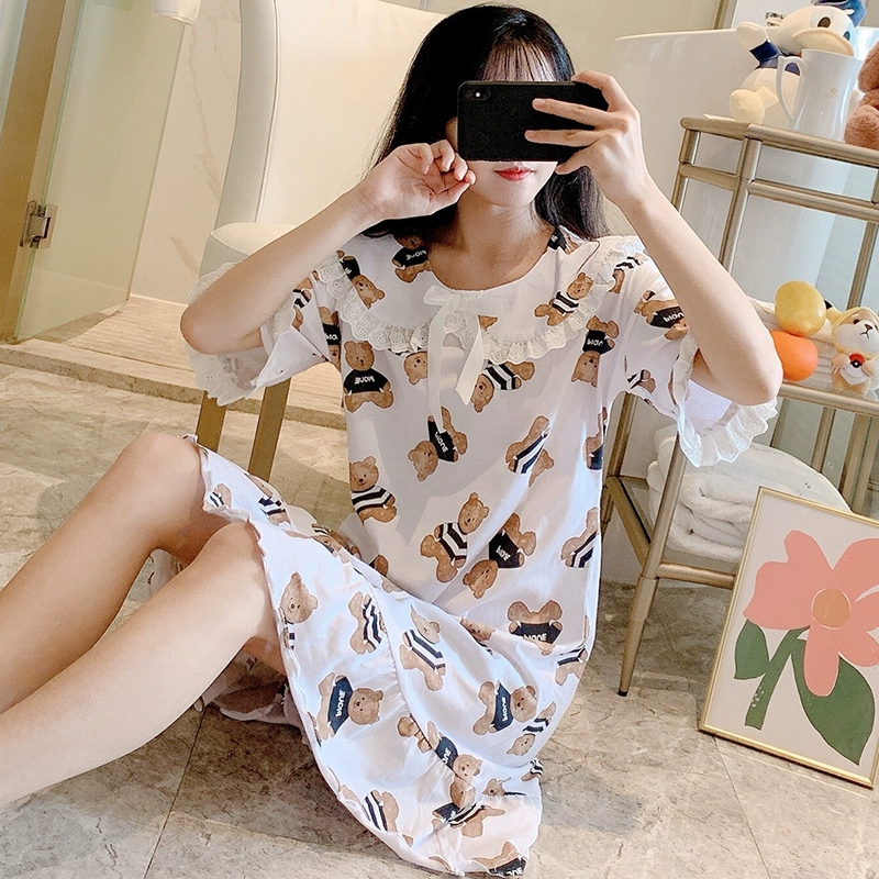 Váy ngủ nữ mùa hè cotton mùa hè ngắn tay sinh viên hoạt hình dễ thương hàn quốc có thể mặc đồ ngủ mùa hè mỏng dịch vụ tại nhà - Đêm đầm