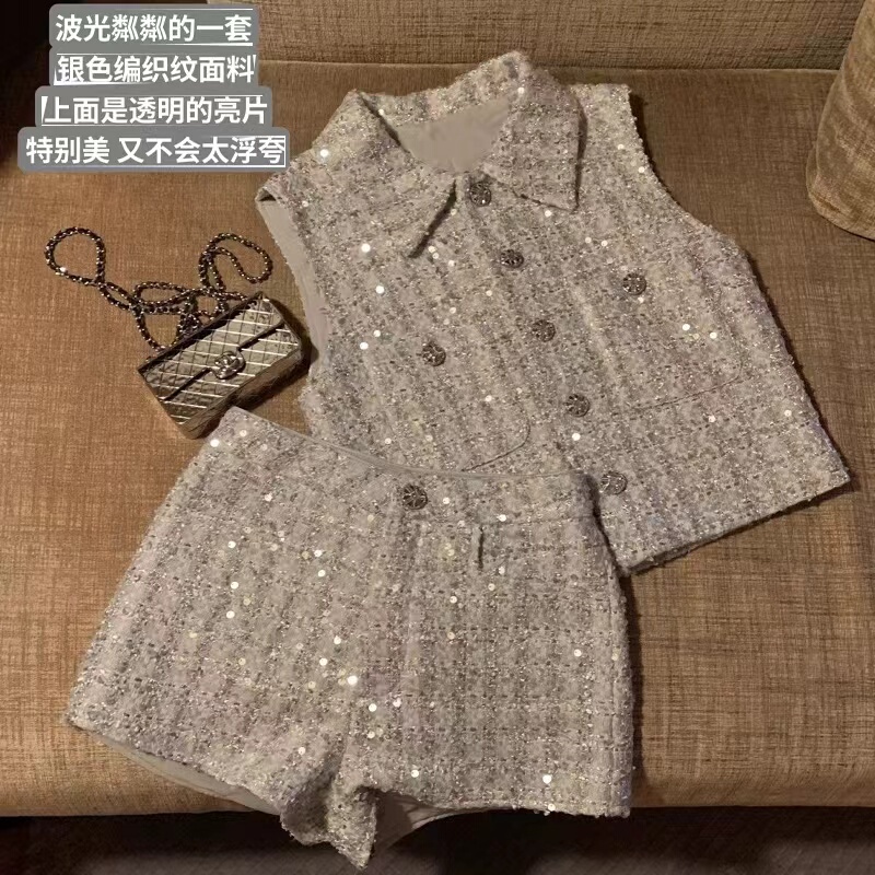Heavy-Duty Woven Sequin Elegant Chanel-Style Vest Top + Versatile Casual Shorts Set for Women, 2026 Spring Collection