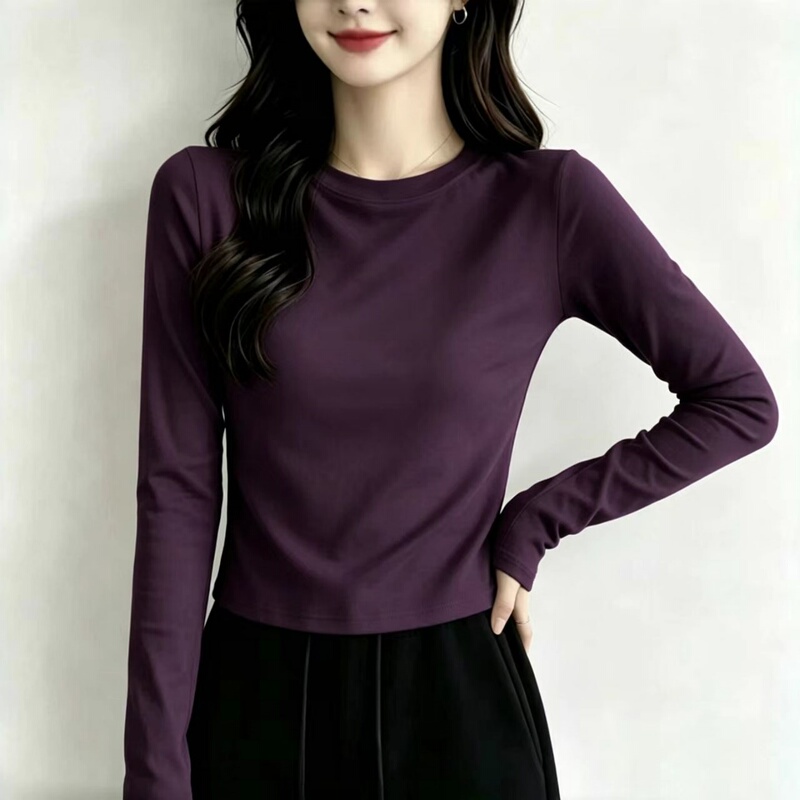 Purple Long-Sleeved Women's T-Shirt, New Spring and Autumn Style, Round Neck, Slim Fit, Casual, Stylish, Age-Reducing Short Top t