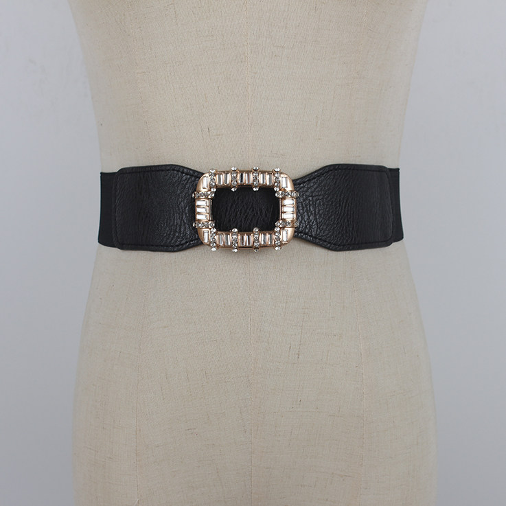 PU Leather High Elastic Wide Belt for Women Stretch Waist Belt for Dress Autumn Stretch Women Belts White Red Pearl Buckle Belt