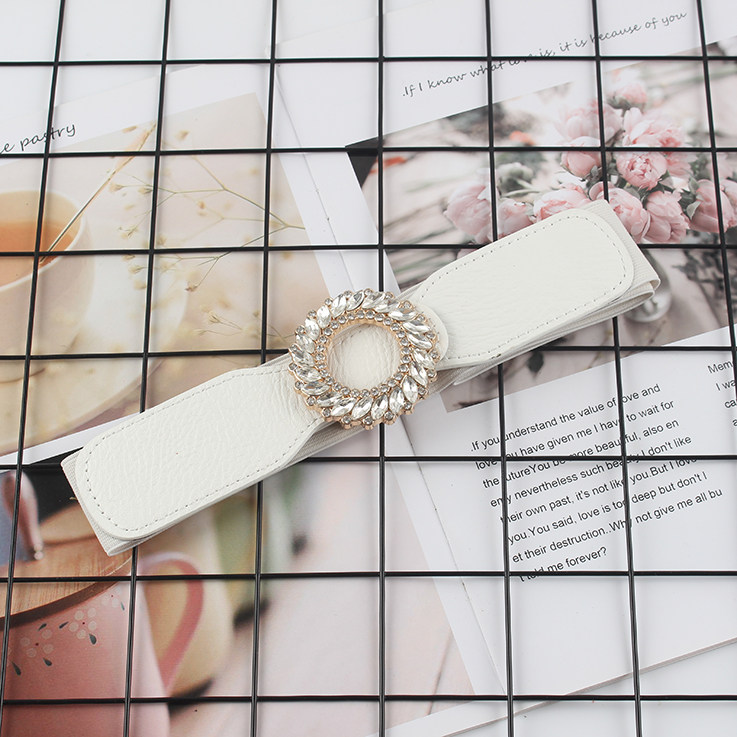 PU Leather High Elastic Wide Belt for Women Stretch Waist Belt for Dress Autumn Stretch Women Belts White Red Pearl Buckle Belt