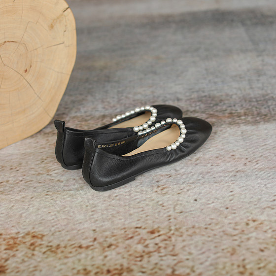 2023夏季真皮甜美珍珠温柔超软奶奶鞋蛋卷鞋孕妇芭蕾舞平底单鞋女