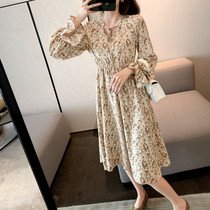 Spring French retro sweet first love fairy floral skirt waist thin temperament trumpet sleeve chiffon dress