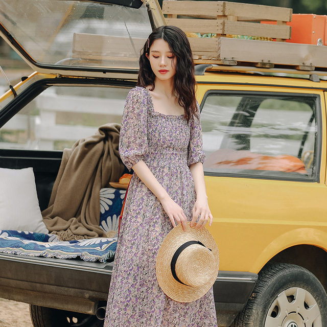 French retro bellflower long skirt Mori super fairy waist and thin temperament square collar floral chiffon dress summer