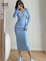 SINGREINY Women Autumn Knitted Dress V Neck Sexy Slim Elasti