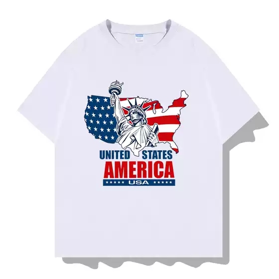American Flag and Statue of Liberty Themed Pure Cotton Summer Short-Sleeve T-Shirt, Cultural Shirt