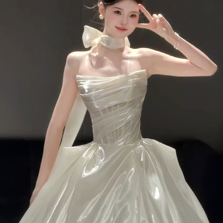 New Style Strapless Light Wedding Dress with Satin Main Fabric, Small Train, Suitable for Reception and Departure, Simple Forest Style New Style Strapless Light Wedding Dress with Satin Main Fabric, Small Train, Suitable for Reception and Departure, Simple Forest Style