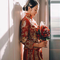 2021 new Xiuhe suit dragon and phoenix coat modified Chinese long cheongsam toast suit bright silk autumn costume wedding embroidery beads