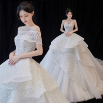 Wear more than one yarn and wear two main wedding dresses with one shoulder luxury new starry sky autumn long tail lace king slightly wind