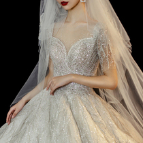 New short-sleeved luxury main wedding dress starry sky river flash big tail super fairy dream cover arm thin temperament autumn