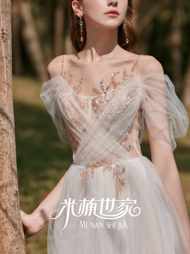 New autumn and summer shoulder wedding dress light forest Super fairy dream dress bubble sleeve French tour Net red lawn