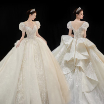 New bubble sleeve luxury big tail main wedding dress small child dream beautiful back bride one-shoulder court sleeveless