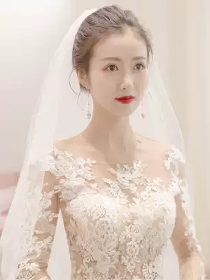 (light early)Long-sleeved one-shoulder French Hepburn lace wedding dress European-style bride female tail Wang Xiaoqiu