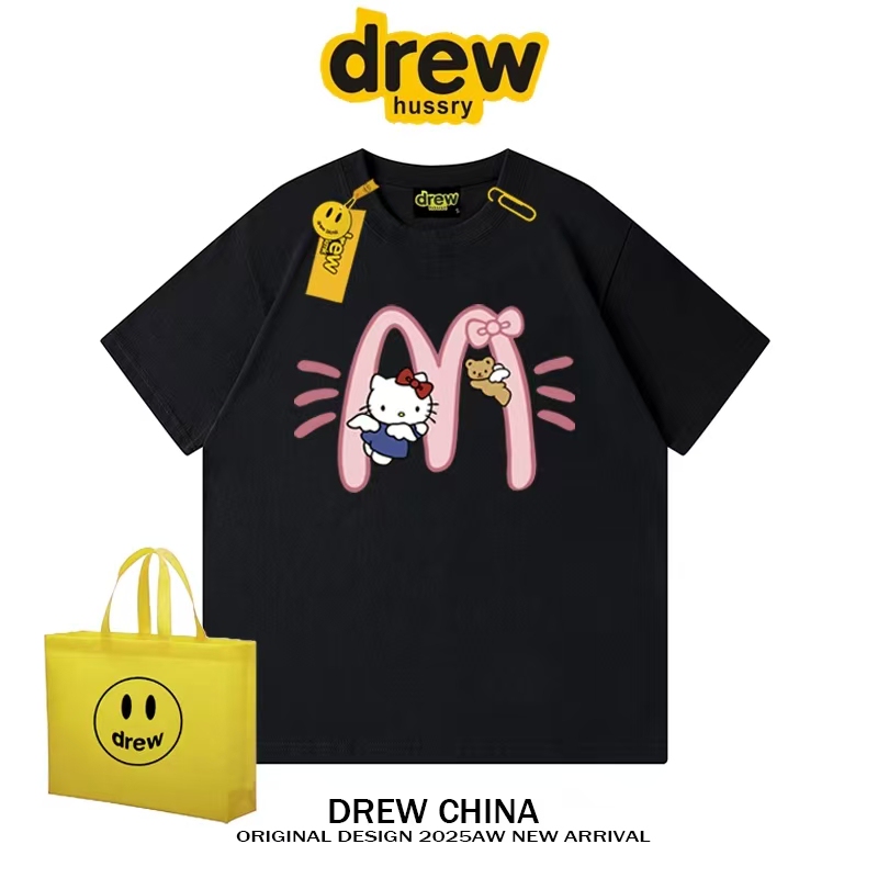 American Trendy Brand Mcdonald's Hello Kitty Cat Print Short-Sleeved T-Shirt, Unisex Street Style Loose Top