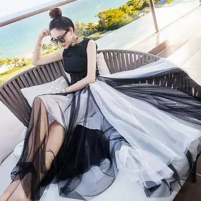 Very fairy mesh skirt women's medium long version of spring and summer 2021 new high-waisted pleated skirt a-shaped Tuffy skirt tide
