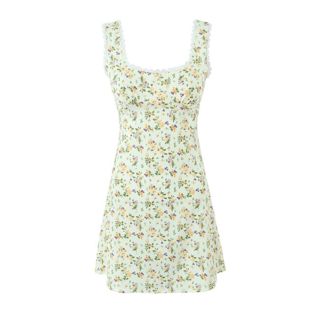 Lace printed dress square neck suspender skirt