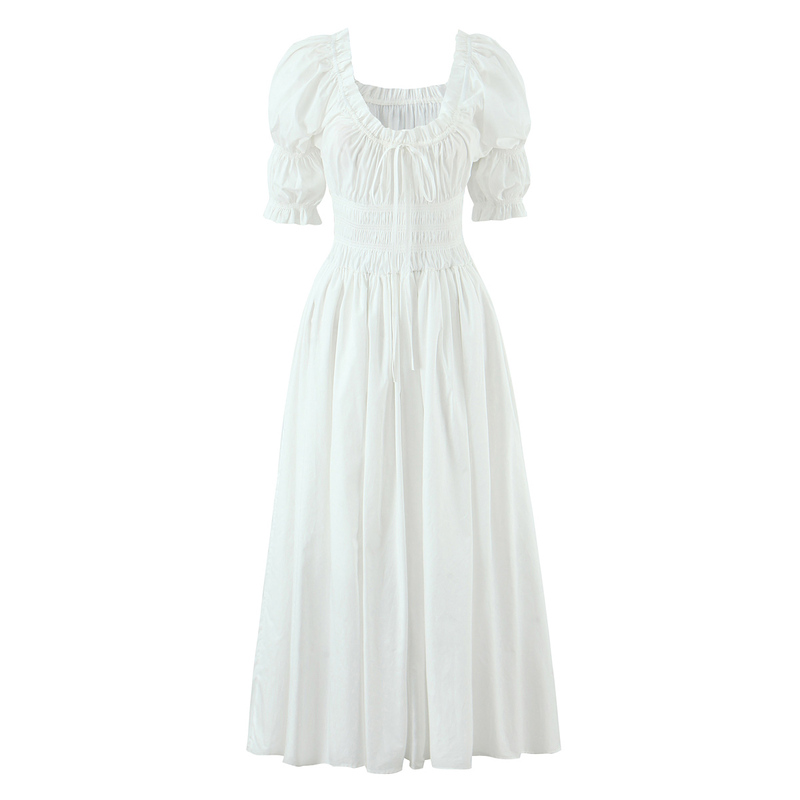 Free Shipping French Gentle Style White Elastic Waist Slimming Puff Sleeve Round Neck Dress Women's Holiday Style Long Dress