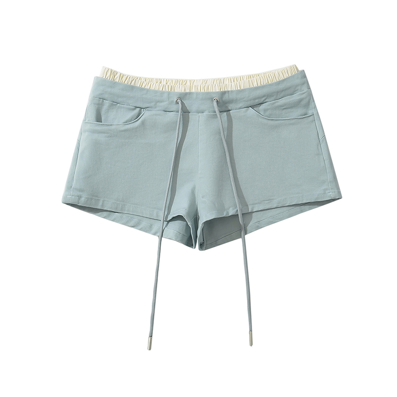  Hot Girl Fake Two-Piece Color-Block Stretch Shorts Women's Elastic Waist Drawstring Short Jogger Hot Pants Low-Waist Casual Pants
