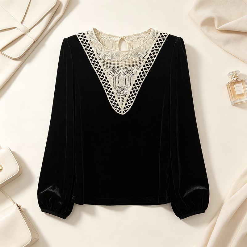 European Style 882 Simple Lace Splicing Velvet Shirt for Women, Long-Sleeved, Elegant, Slimming, Black Top, Autumn Style European Style 882 Simple Lace Splicing Velvet Shirt for Women, Long-Sleeved, Elegant, Slimming, Black Top, Autumn Style