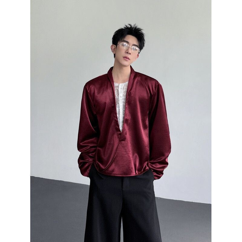 High-End Fake Two-Piece V-Neck Lace Patchwork Long-Sleeve Shirt for Men, Loose Short Curved Satin Luxurious Shirt Trendy