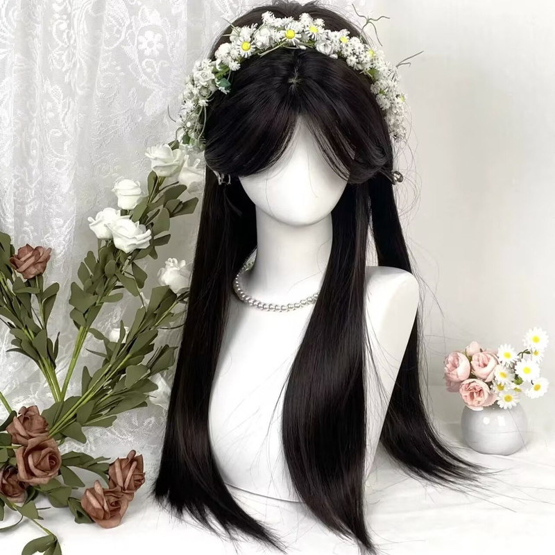 White Moonlight Wig Full Head Cover Women's Long Hair Middle Part Bangs Black Long Straight Hair Natural Realistic First Love Wig Set