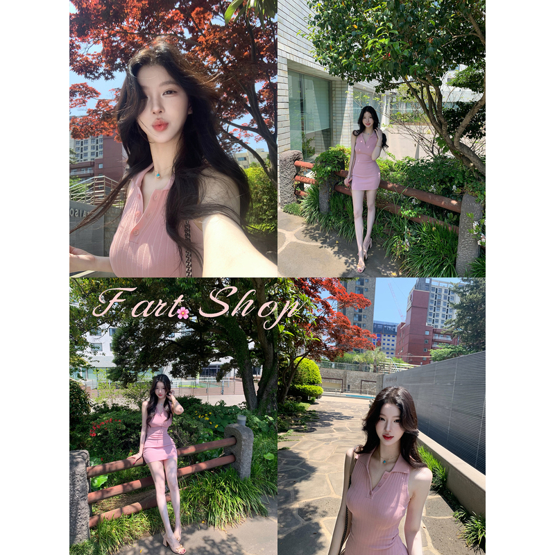 【Farte Shop】Strawberry Gummy Pink Lapel Sleeveless Vest Dress for Women Spring and Summer Bodycon Mini Skirt