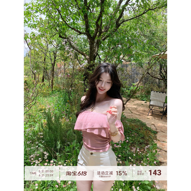 【Fart Shop】Half-Sweet Girl Pink Ruffled Off-Shoulder Knit Top for Women, Spring and Summer Slim Fit Top