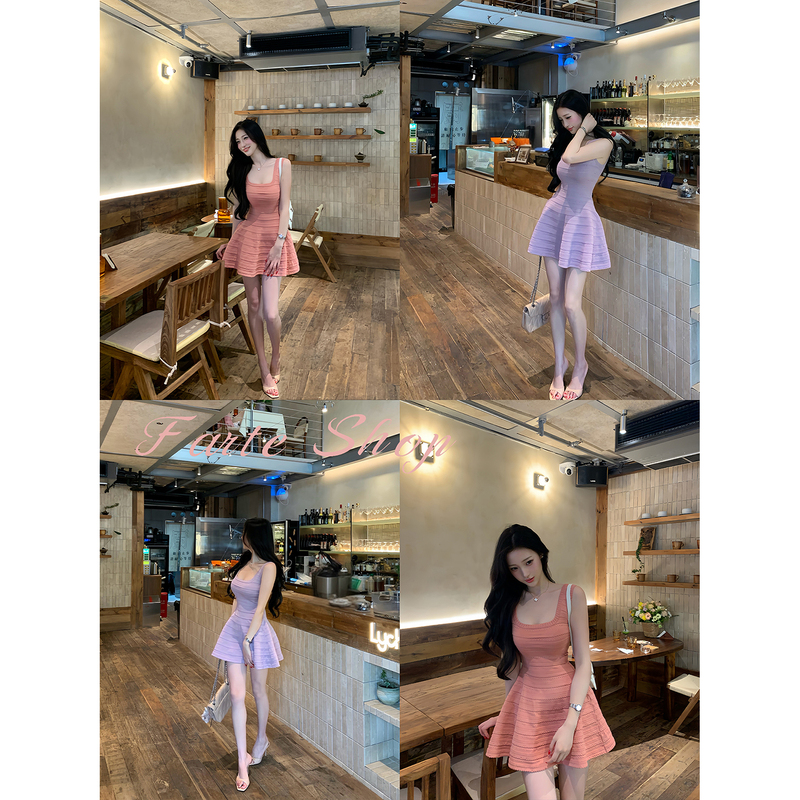 【Farte Shop】Jam Party Square Neck Wide Shoulder Strap A-Line Dress Women's Spring/Summer Waist-Cinching Short Skirt 【Farte Shop】Jam Party Square Neck Wide Shoulder Strap A-Line Dress Women's Spring/Summer Waist-Cinching Short Skirt