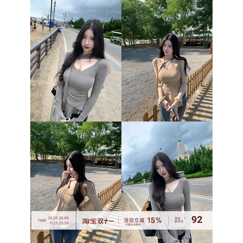 【Farte Shop】Sensory Minimalism V-Neck Ribbon Flared Sleeve Ruched T-Shirt Women's Spring and Autumn Waist-Cinching Top 【Farte Shop】Sensory Minimalism V-Neck Ribbon Flared Sleeve Ruched T-Shirt Women's Spring and Autumn Waist-Cinching Top