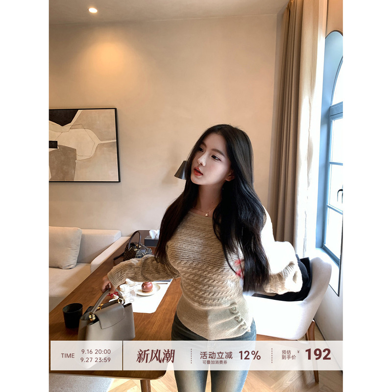 【Farte Shop】Wheat Wave Whispering Wool Asymmetrical Shoulder Knit Sweater for Women, Autumn and Winter Batwing Sleeve Design Sweater