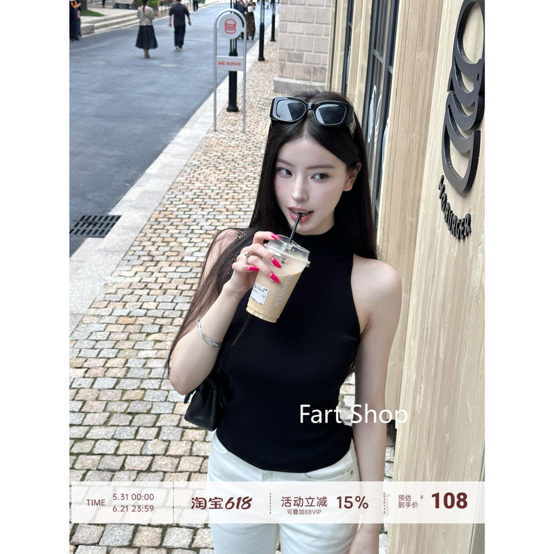 【Fart Shop】High-Neck Literary Style Half-High Collar Sleeveless Knitted Vest Slim Fit Slimming Top for Women