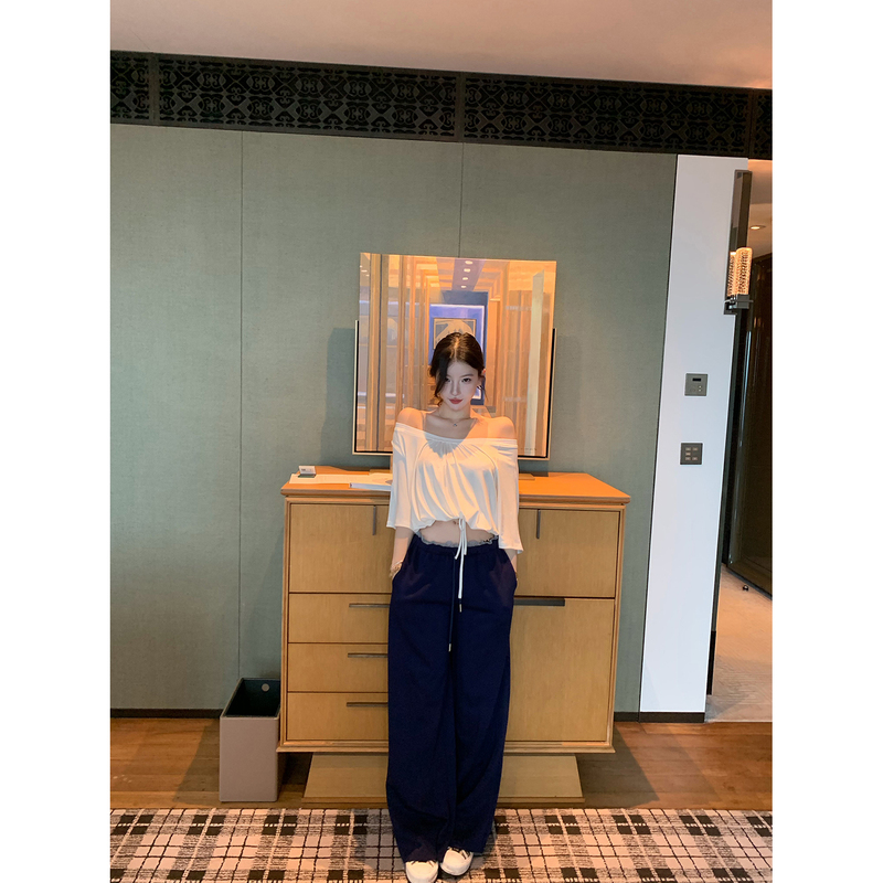 【Farte Shop】Weekend Roaming Navy Blue Mid-Waist Drawstring Casual Pants Women's Spring and Autumn Straight-Leg Sweatpants