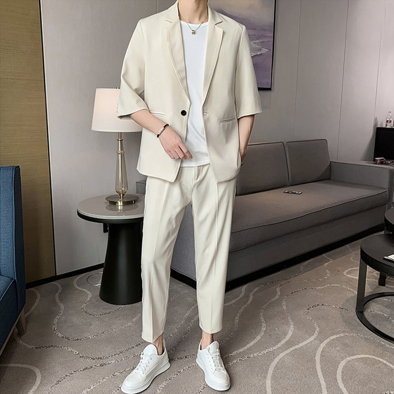 Summer thin seven-point mid-sleeve small suit boys high-end drape suit trendy handsome casual suit