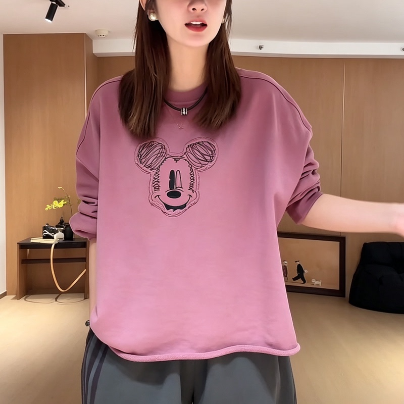 Trendy Brand Cartoon Embroidered Mickey Long-Sleeve Sweatshirt with Irregular Hem for Women, 2026 Autumn New Loose-Fitting Youthful Top Trendy Brand Cartoon Embroidered Mickey Long-Sleeve Sweatshirt with Irregular Hem for Women, 2026 Autumn New Loose-Fitting Youthful Top