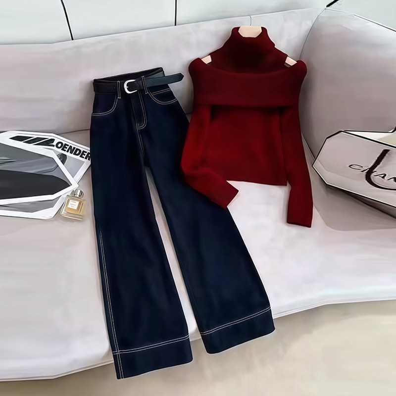 Autumn Complete Outfit with a High-End Feel, Fashionable Sweater Set for Women, Korean-Style Knitted Cardigan, High-Waisted Jeans Set