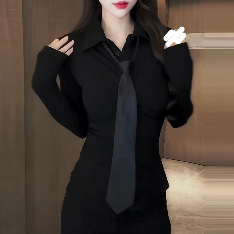 Korean Style Fashionable Preppy Tie Long-Sleeve Shirt for Women, Early Spring New Slim-Fit Waist-Cinching High-End Black Top