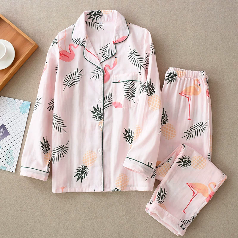 Đồ ngủ nam nữ cotton mùa xuân và hè đôi gạc quần đôi mẫu Nhật Bản phục vụ tại nhà mùa hè đơn giản