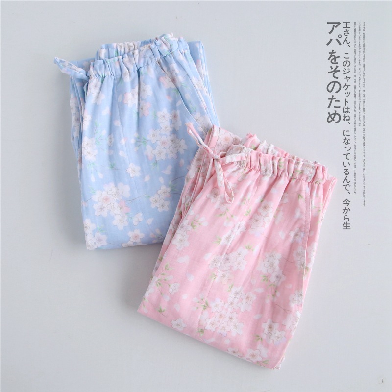 Mùa xuân và mùa thu mùa thu pyjama quần nữ đan nam cotton nhà quần cotton đôi gạc quần lỏng lẻo quần thể thao