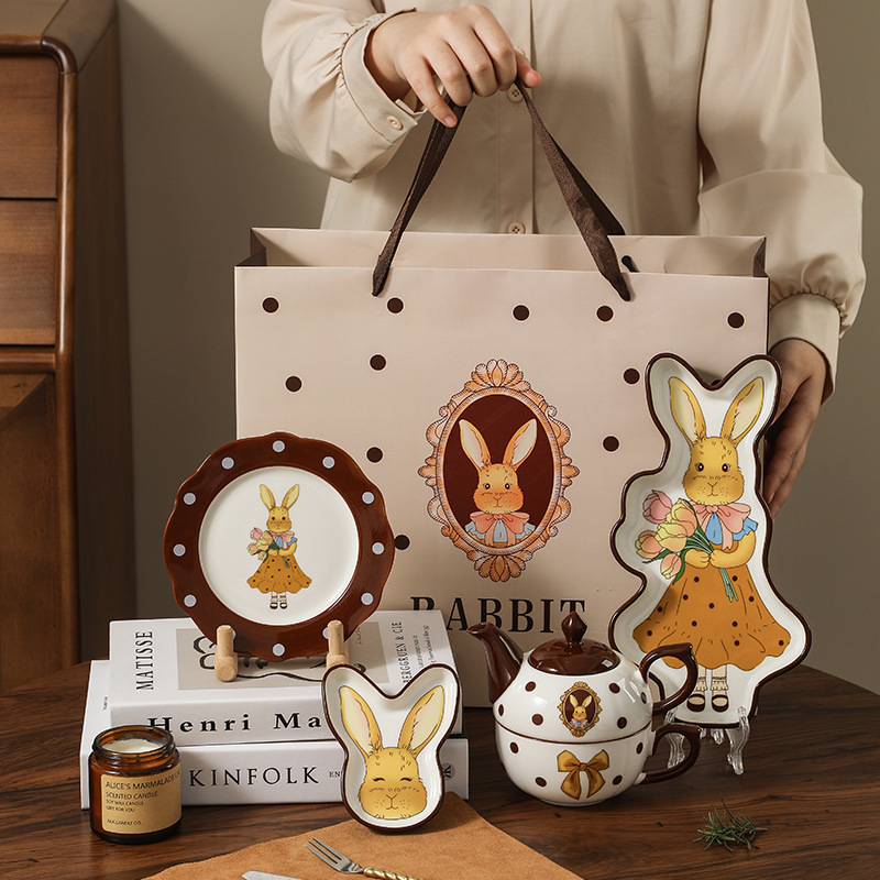 Cute Ceramic Cup Teapot Tea Set Tableware Cartoon Bowl and Plate Set Gift Box High-End Home Use Gift Giving Souvenir