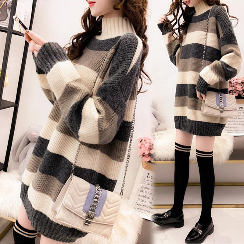 Thick Sweater for Women, Autumn and Winter, Loose Mid-Length Pullover, Half-High Collar Knitwear, Fashionable Versatile Base Layer Dress Jacket, Trendy