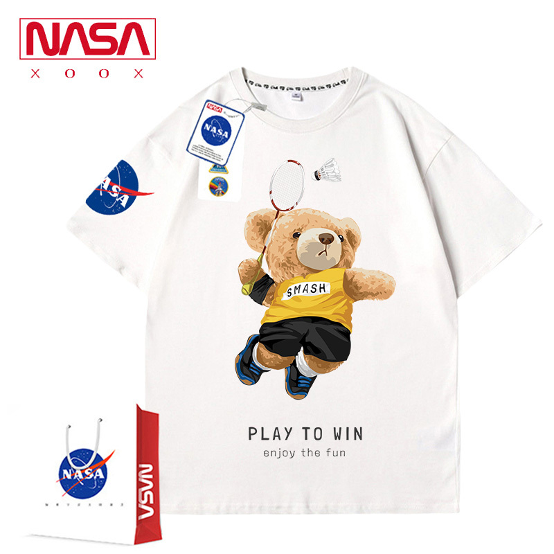 Nasa Collaboration Badminton Bear Sports Top Summer Versatile Loose Couple Student Short-Sleeve T-Shirt Men's Thin